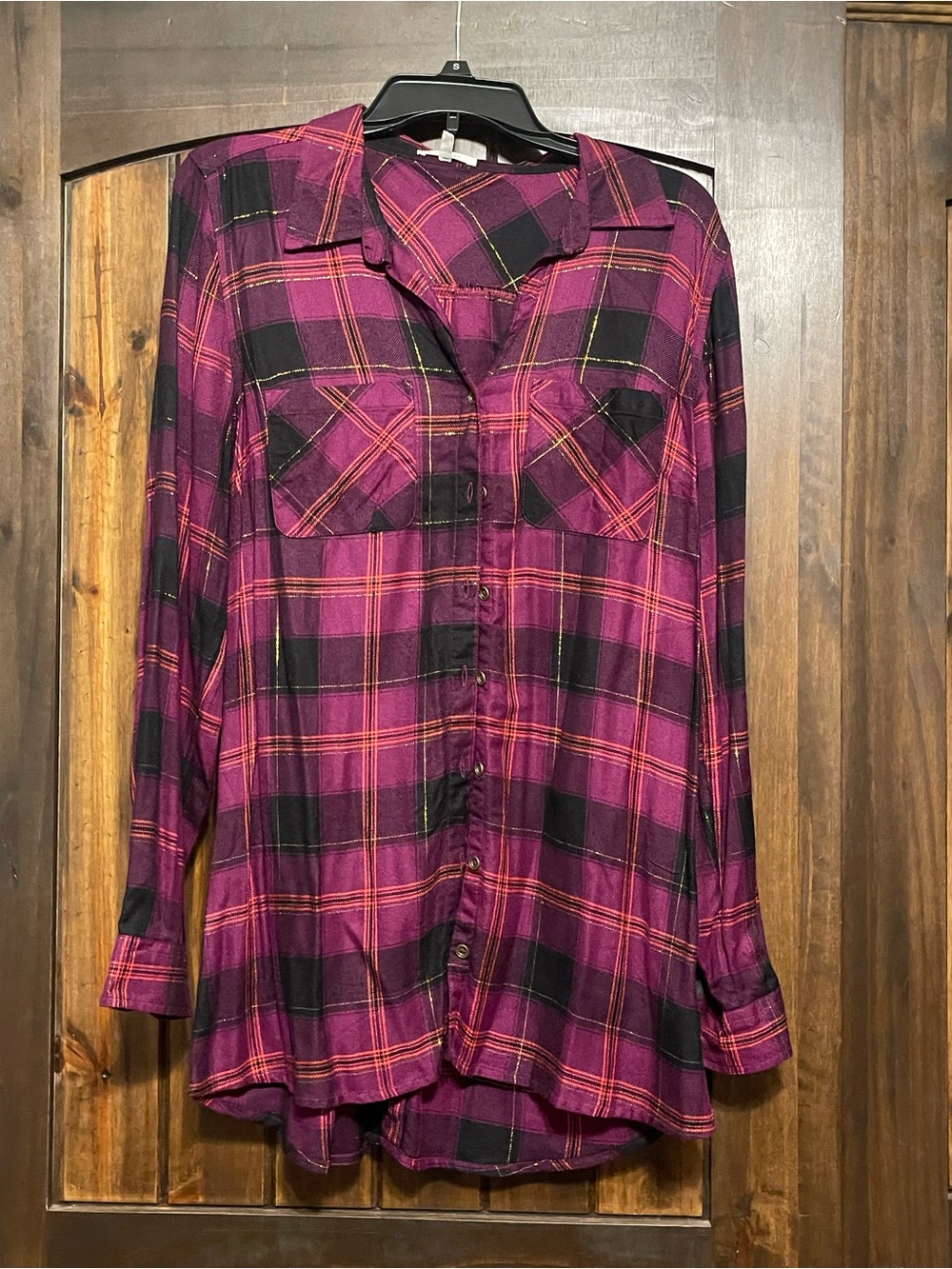 Maurices Magenta and Black Plaid Button-Front Tunic